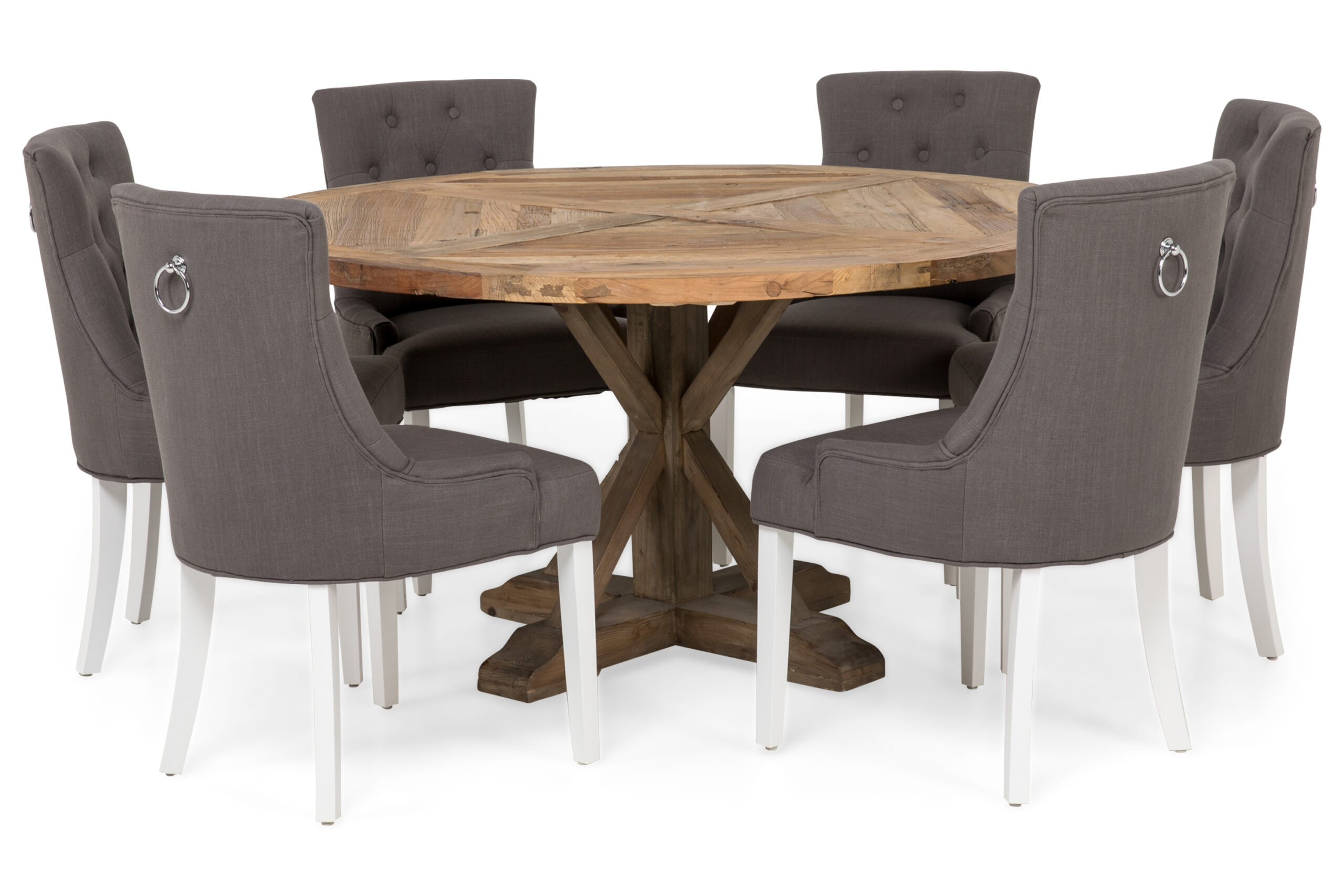 Lyon Spisebordssæt Ø150 cm Rund med 6 stk Viktoria Stole - Vintage Elmetræ/Grå/Hvid
