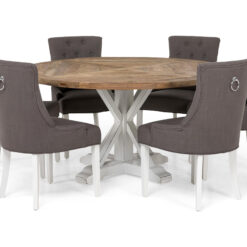 Lyon Spisebordssæt Ø150 cm Rund med 6 stk Viktoria Stole - Vintage Natur/Hvid/Grå