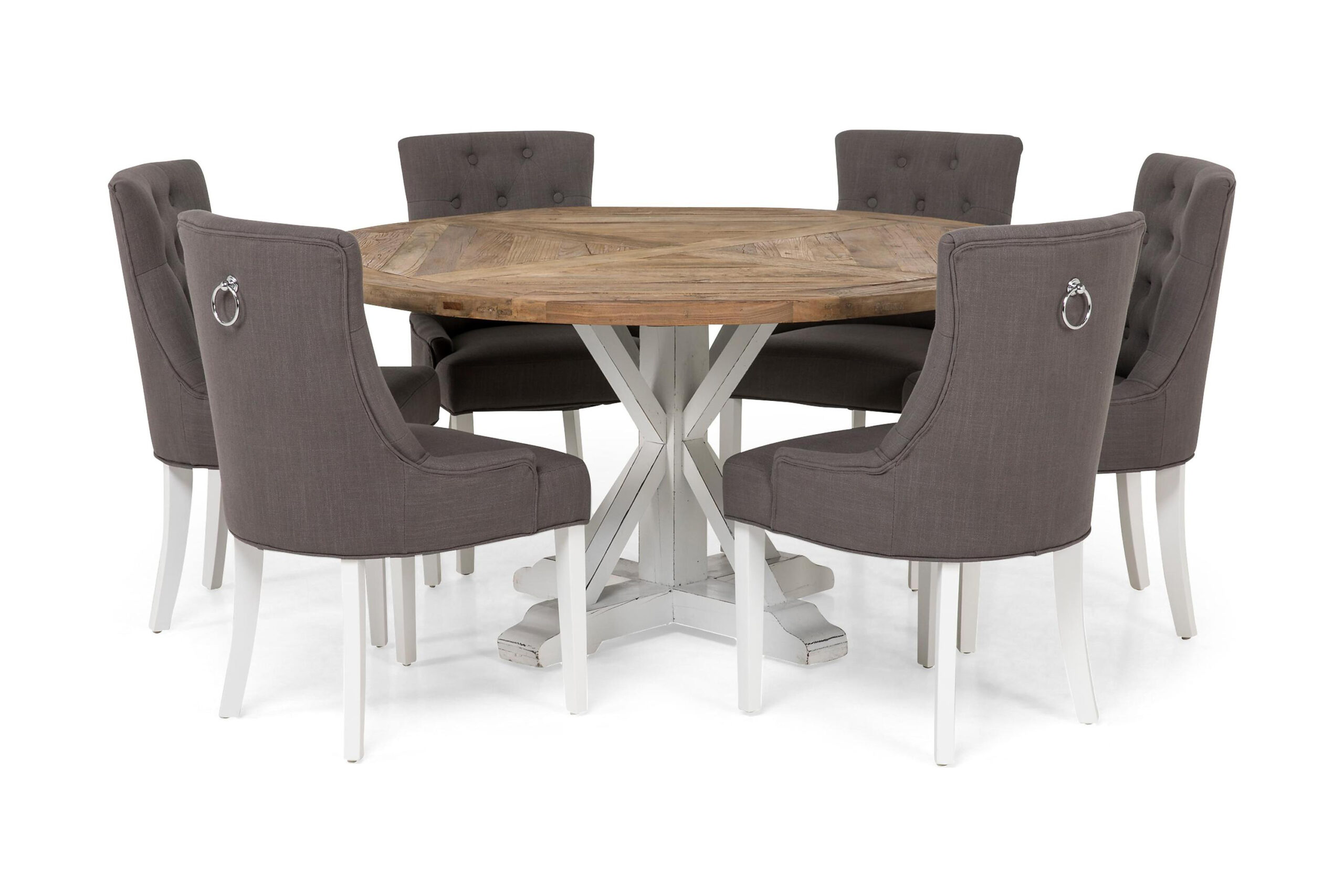 Lyon Spisebordssæt Ø150 cm Rund med 6 stk Viktoria Stole - Vintage Natur/Hvid/Grå