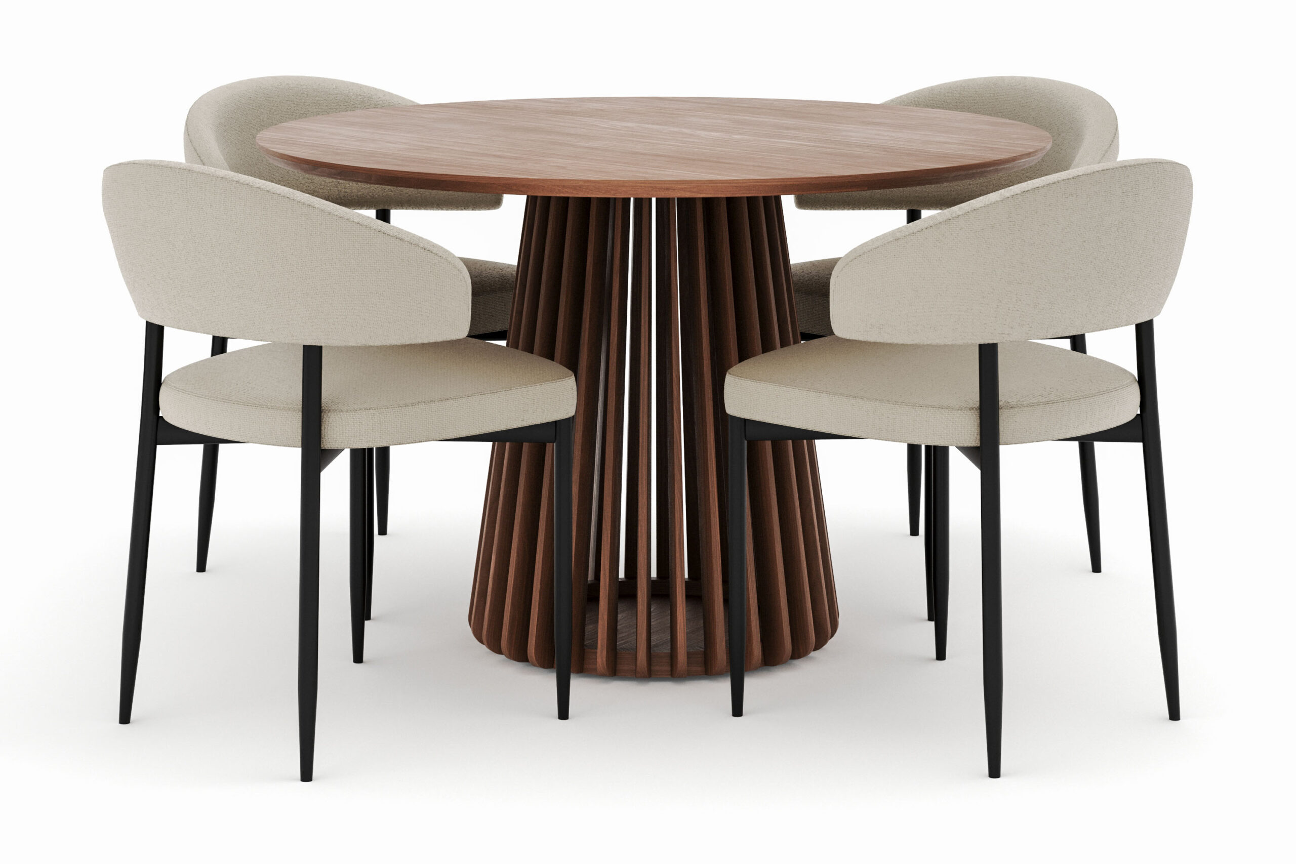 Peyra Rundt Spisebord 120 cm med 4 Sawako Stole - Valnød