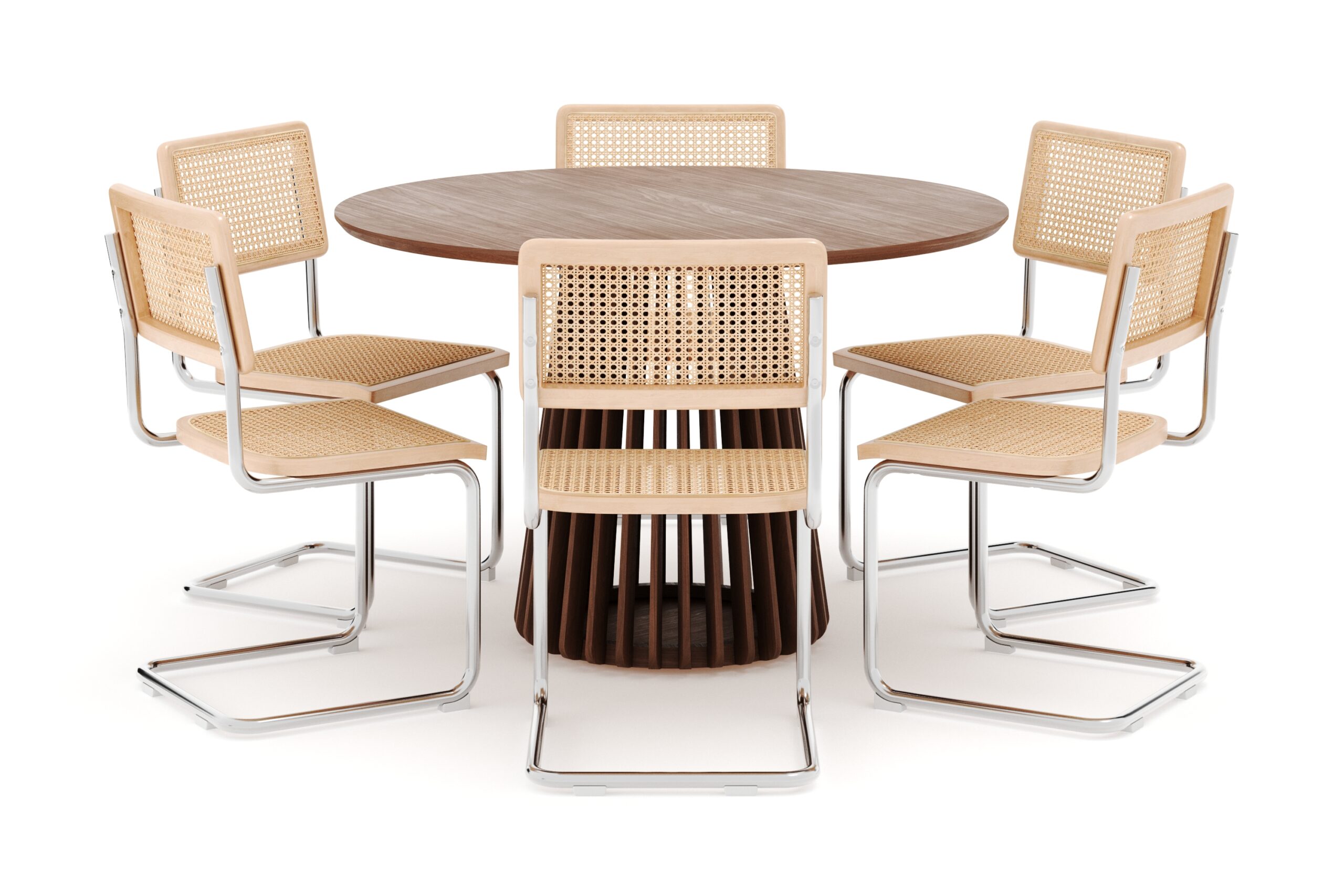 Peyra Spisebord 120 cm Rundt med 6 stk Build Matstkolar - Valnød finér