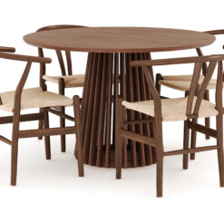 Peyra Spisebordssæt 120 cm Rundt Spisebord med 4 Dastoori Spisebordsstole - Valnød / Brun / Beige