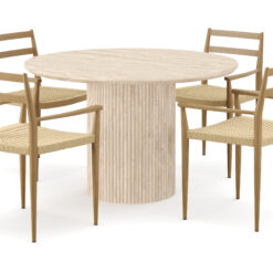 Uppveda Rundt Spisebord 120 cm med travertin-look med 4 stk. Jamna Armlænssstole - Beige