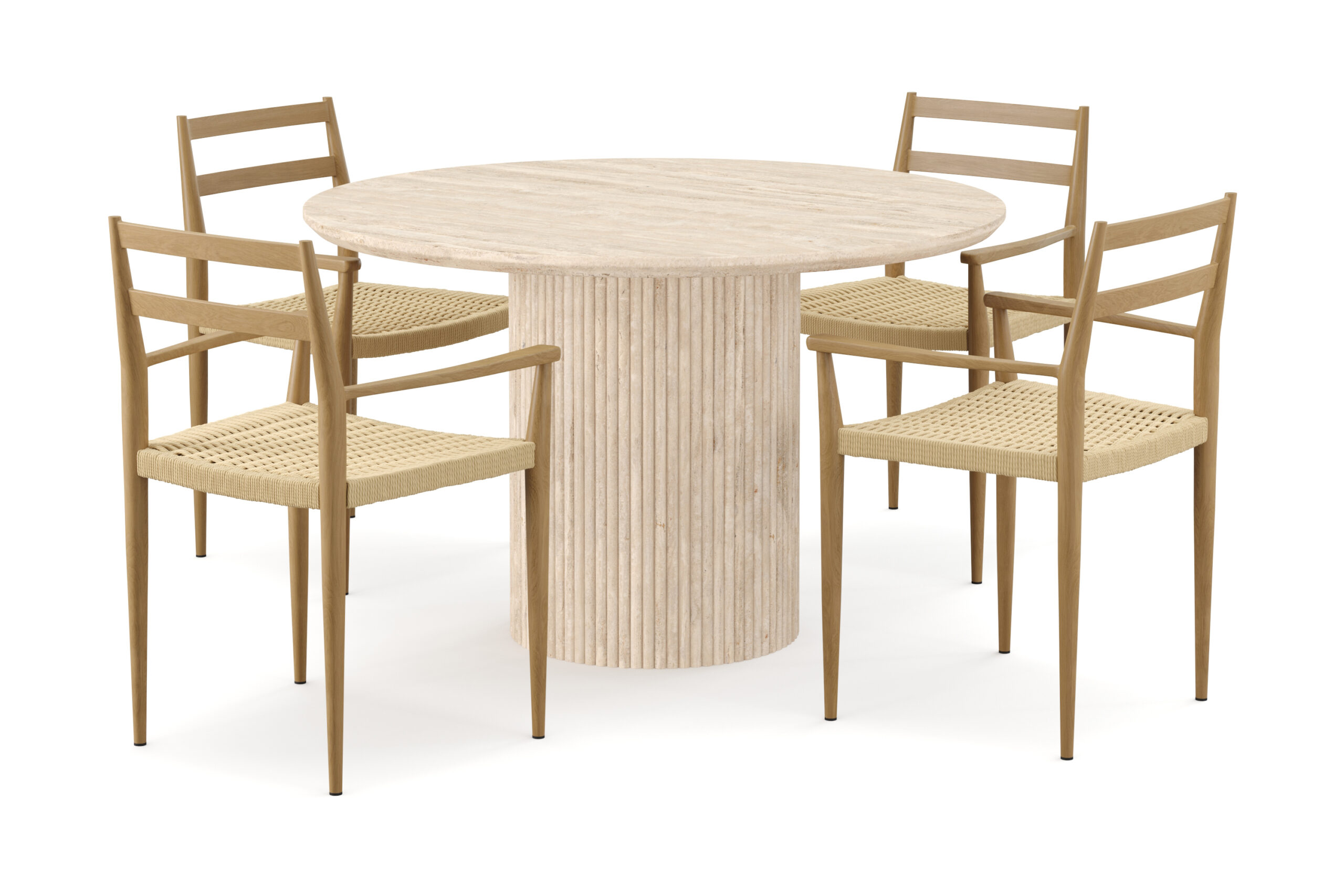 Uppveda Rundt Spisebord 120 cm med travertin-look med 4 stk. Jamna Armlænssstole - Beige