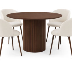 Kopparbo Rundt Spisebord 120 cm med 4 Greya Spisestole med armlæn - Mørkebrun / Hvid Bouclé / Metalben Valnød