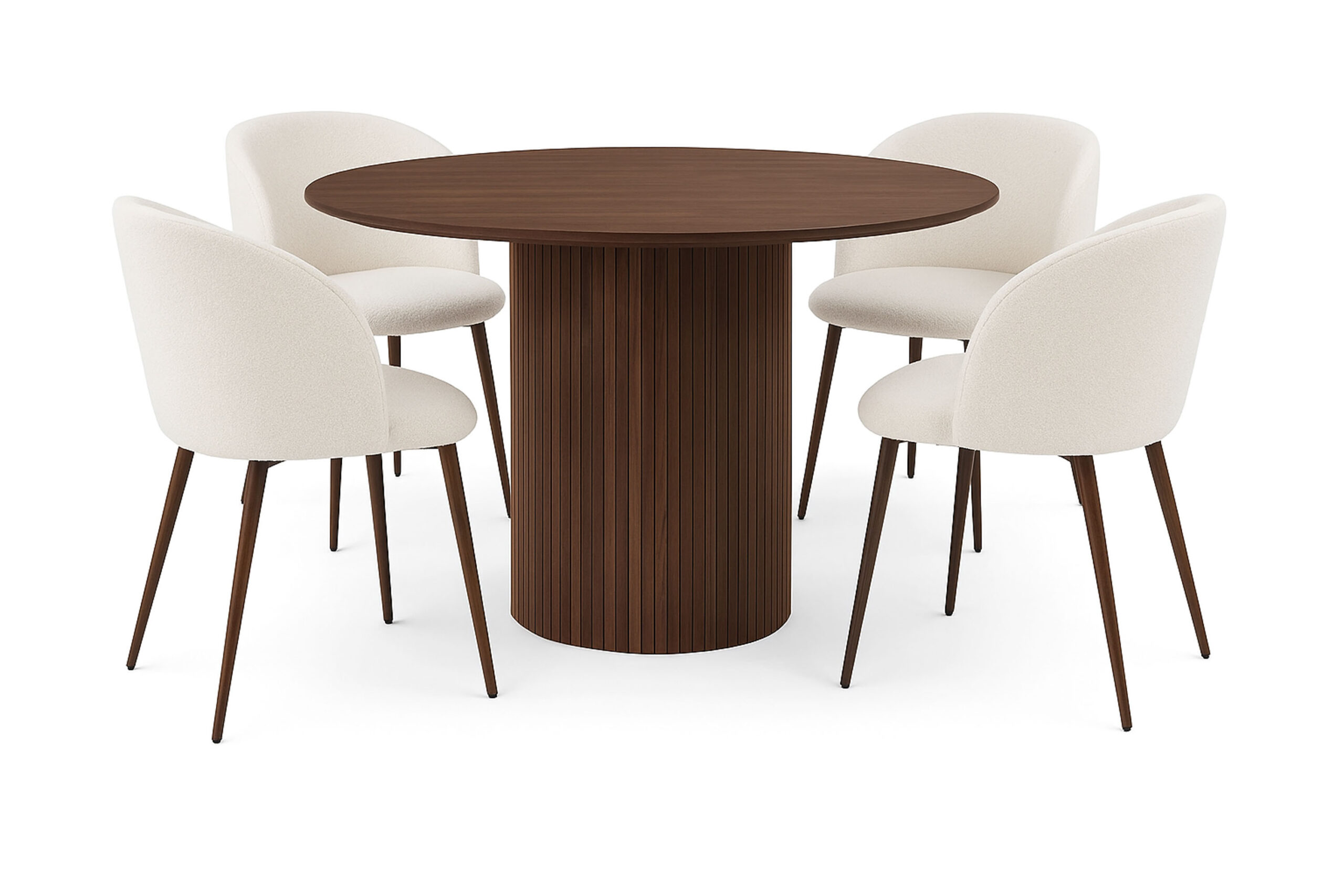 Kopparbo Rundt Spisebord 120 cm med 4 Greya Spisestole med armlæn - Mørkebrun / Hvid Bouclé / Metalben Valnød