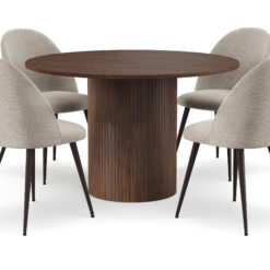 Kopparbo Rundt Spisebord 120 cm med 4 Nibe Plus Spisestole - Mørkebrun / Greige Bouclé / Metalben Valnød