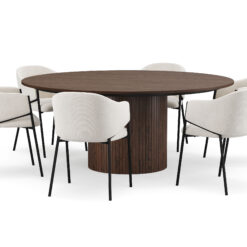 Kopparbo Rundt Spisebord 180 cm med 6 Filip Spisestole - Valnød / Hvid Bouclé