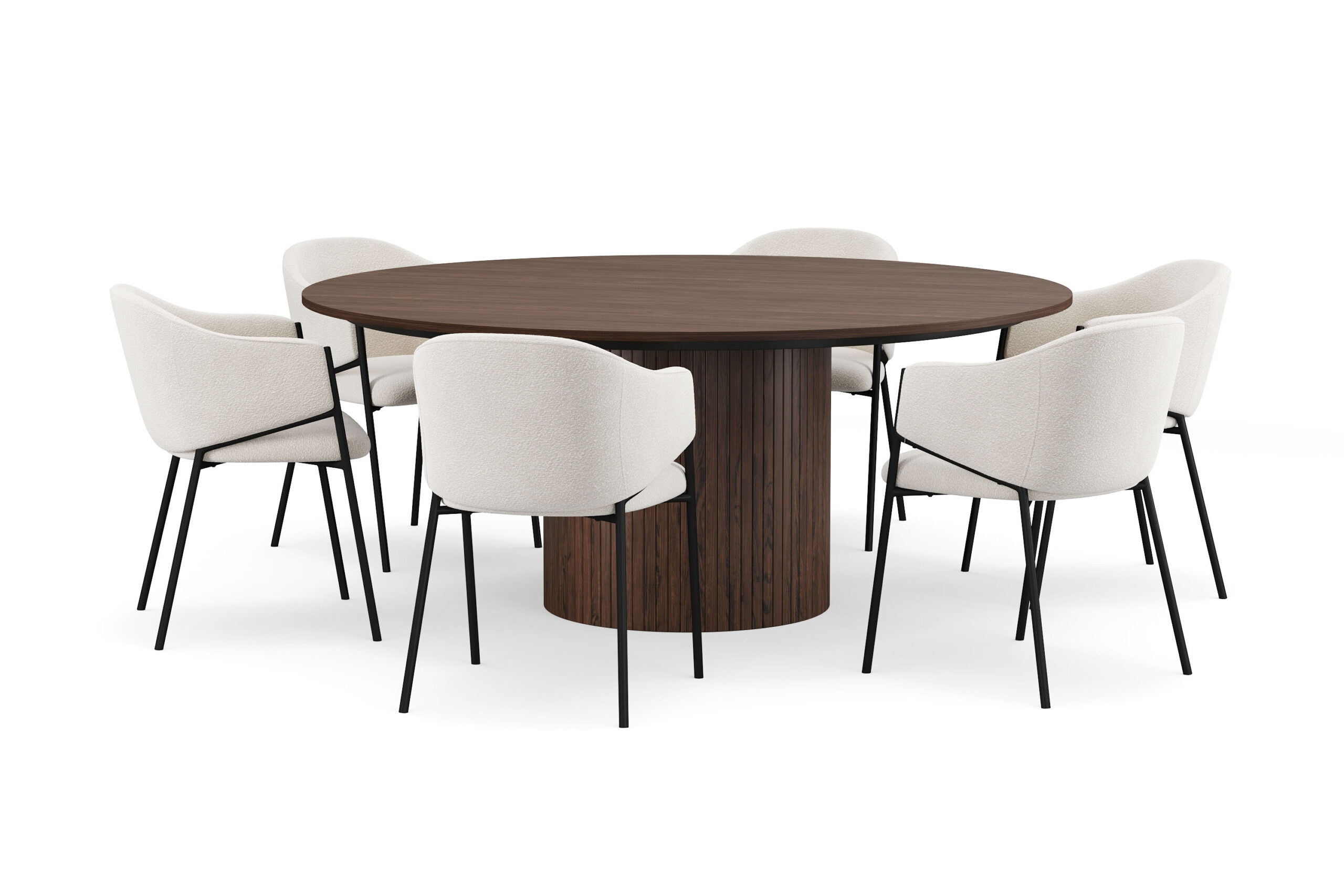 Kopparbo Rundt Spisebord 180 cm med 6 Filip Spisestole - Valnød / Hvid Bouclé