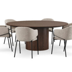 Kopparbo Rundt Spisebord 180 cm med 6 Filip Spisestole - Valnød / Taupe Bouclé