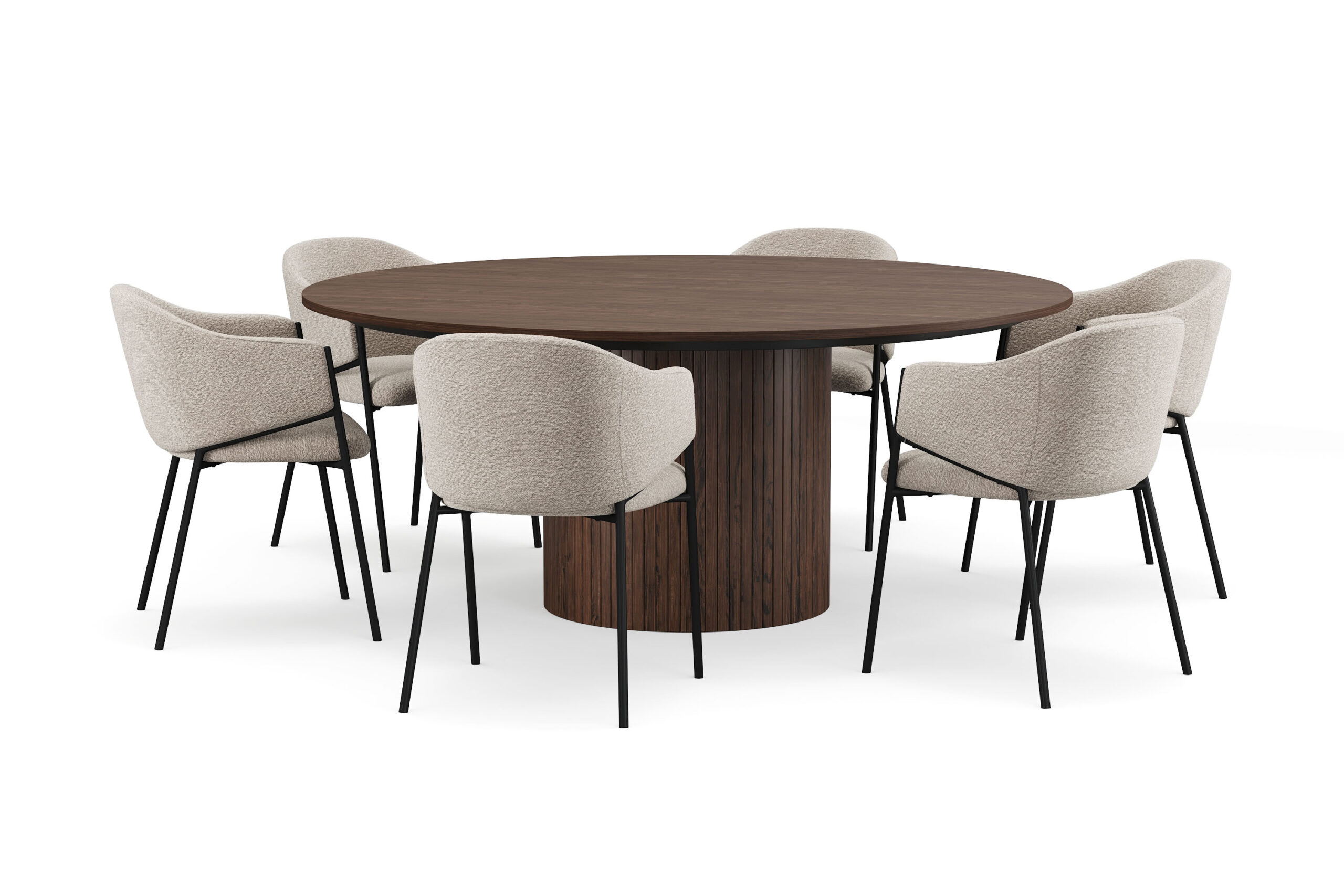 Kopparbo Rundt Spisebord 180 cm med 6 Filip Spisestole - Valnød / Taupe Bouclé