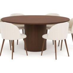 Kopparbo Rundt Spisebord 180 cm med 6 Greya Spisestole med armlæn - Valnød / Hvid Bouclé / Metalben Valnød