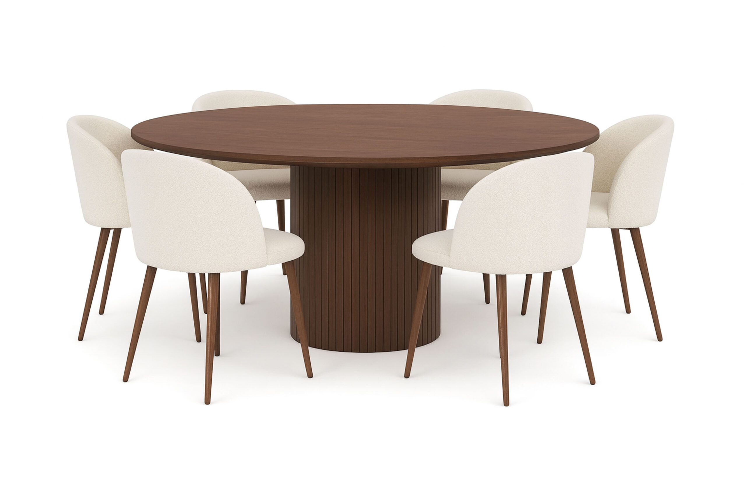 Kopparbo Rundt Spisebord 180 cm med 6 Greya Spisestole med armlæn - Valnød / Hvid Bouclé / Metalben Valnød