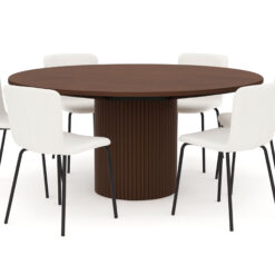 Kopparbo Rundt Spisebord 180 cm med 6 Katy Spisestole - Valnød / Hvid Bouclé / Metalben Sort