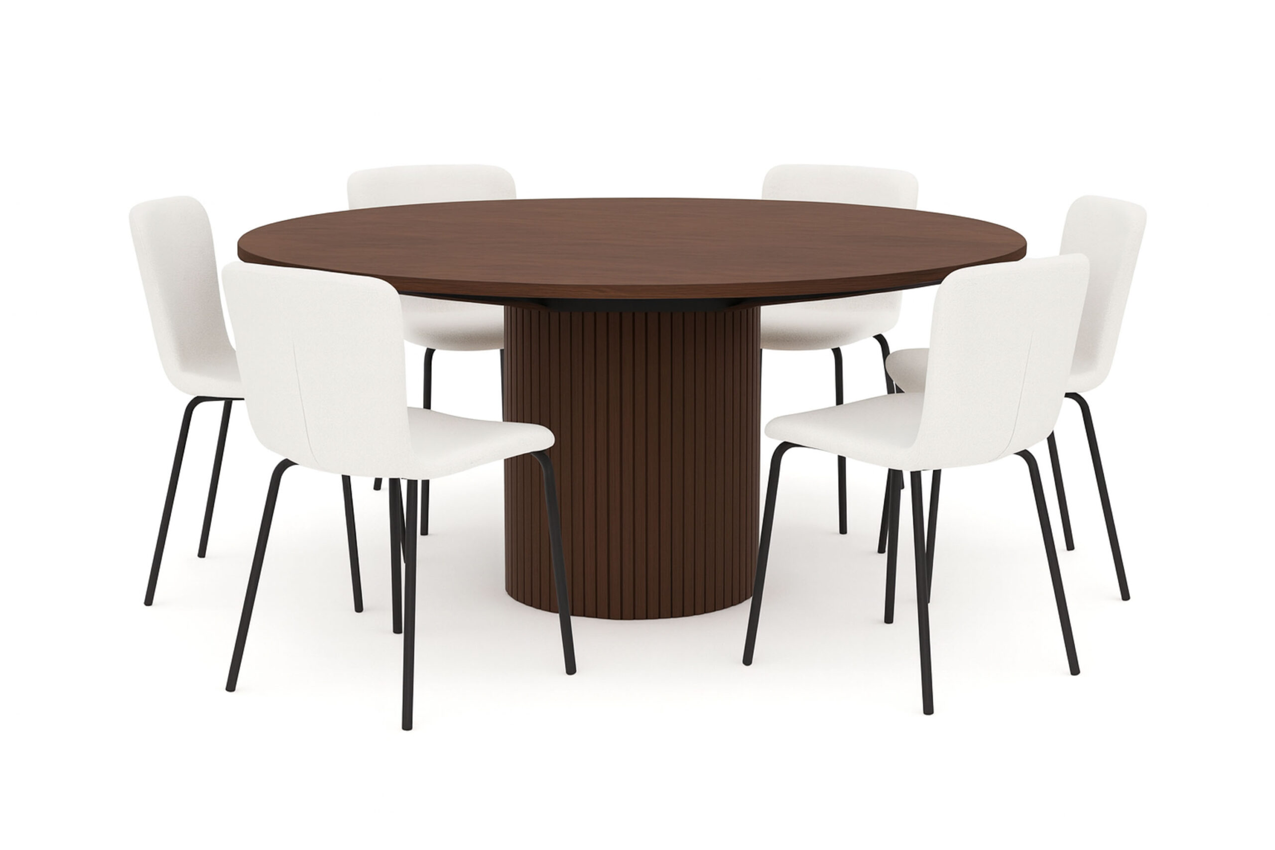 Kopparbo Rundt Spisebord 180 cm med 6 Katy Spisestole - Valnød / Hvid Bouclé / Metalben Sort