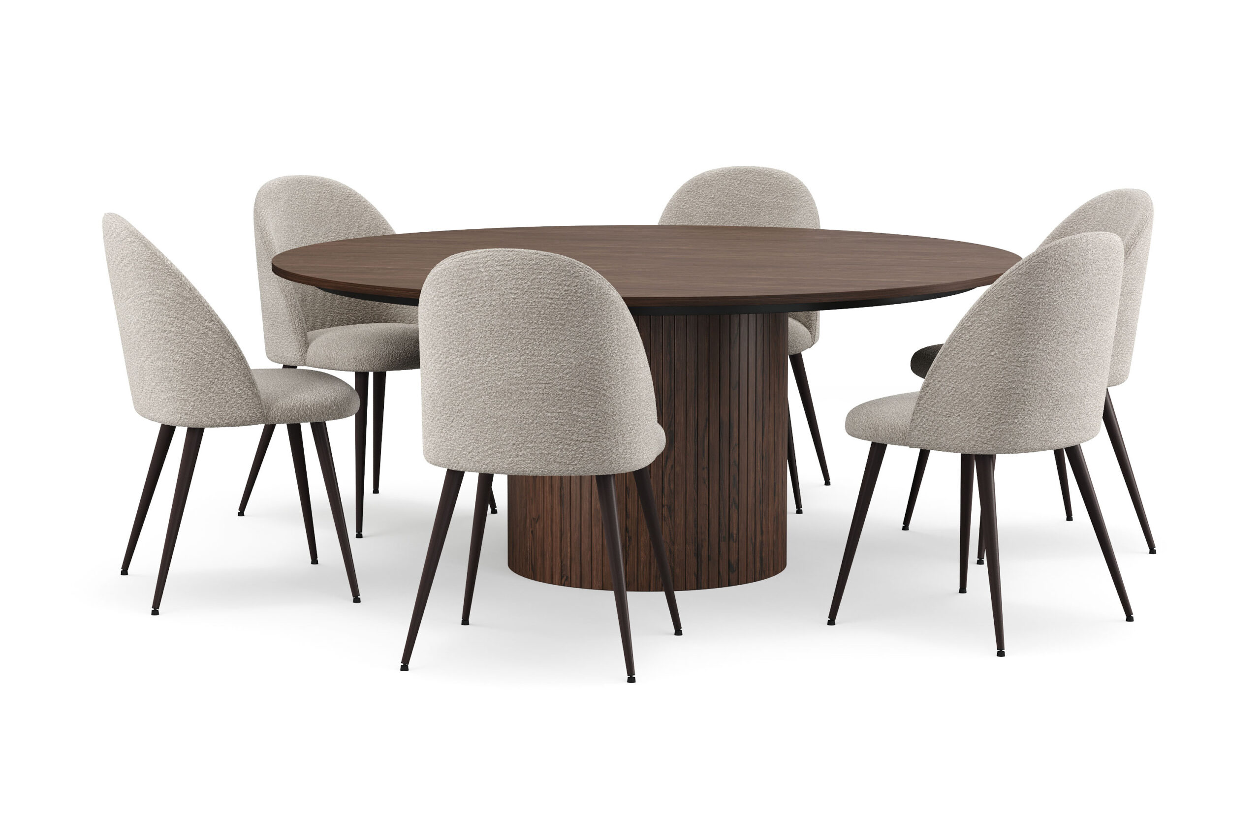 Kopparbo Rundt Spisebord 180 cm med 6 Nibe Plus Spisestole - Valnød / Greige Bouclé / Metalben Valnød