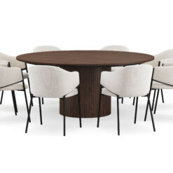Kopparbo Rundt Spisebord 180 cm med 8 Filip Spisestole - Valnød / Hvid Bouclé