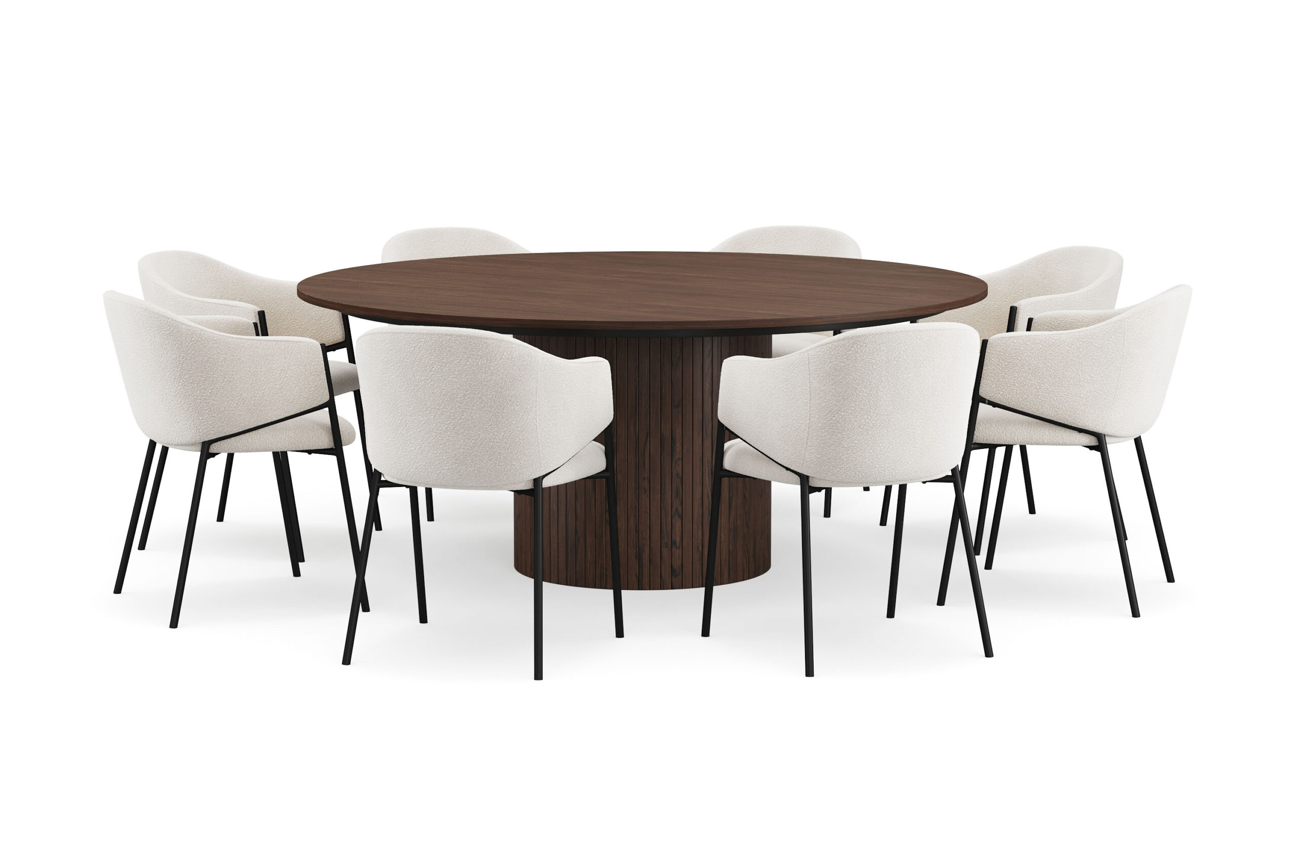 Kopparbo Rundt Spisebord 180 cm med 8 Filip Spisestole - Valnød / Hvid Bouclé