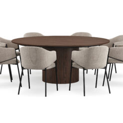 Kopparbo Rundt Spisebord 180 cm med 8 Filip Spisestole - Valnød / Taupe Bouclé