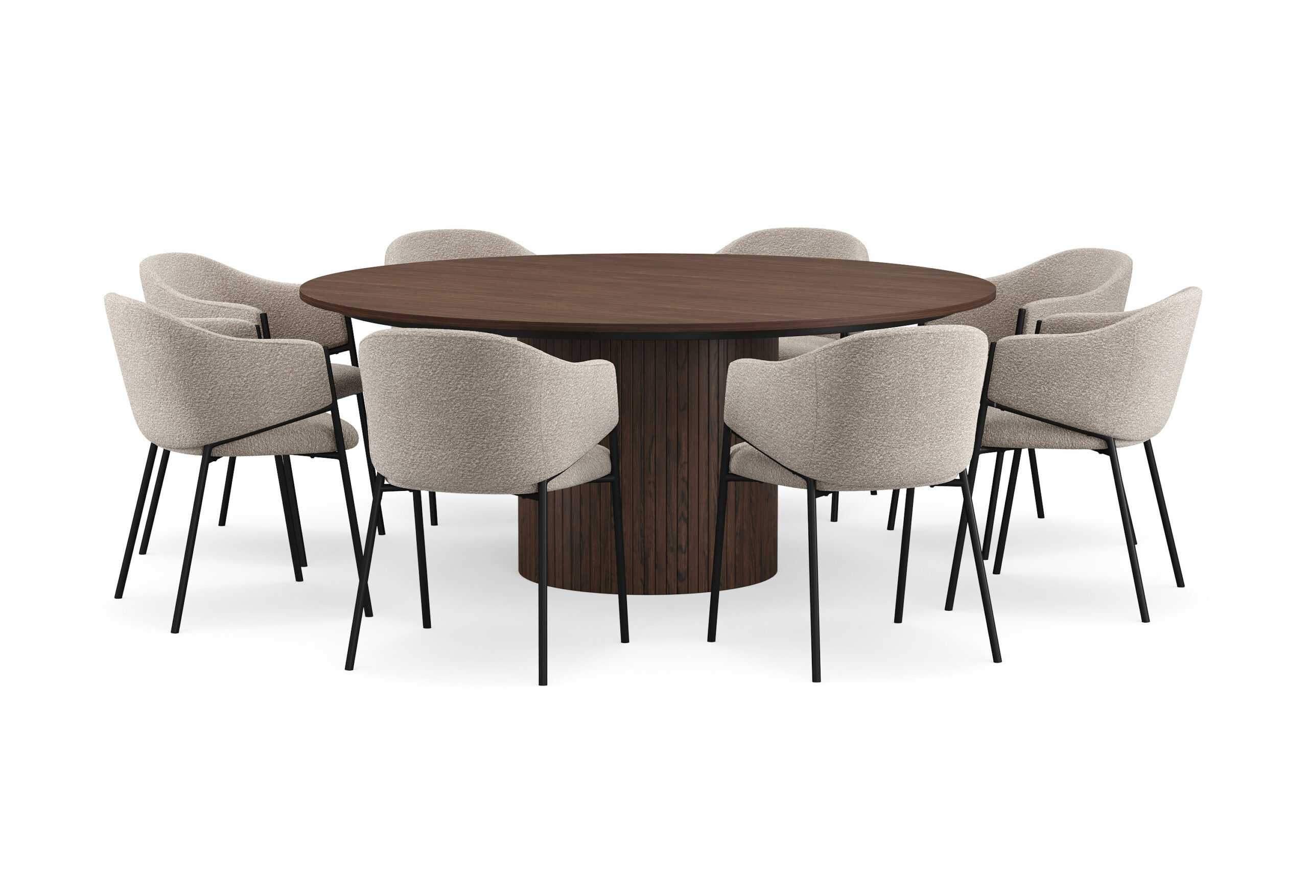 Kopparbo Rundt Spisebord 180 cm med 8 Filip Spisestole - Valnød / Taupe Bouclé