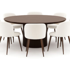 Kopparbo Rundt Spisebord 180 cm med 8 Greya Spisestole med armlæn - Valnød / Hvid Bouclé / Metalben Valnød