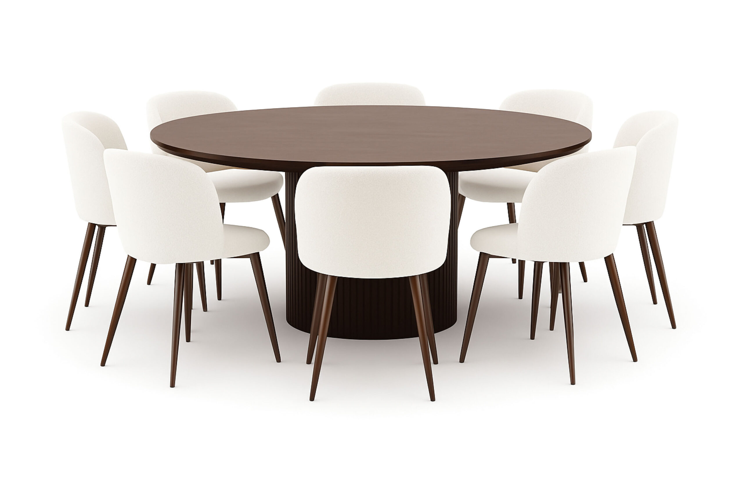 Kopparbo Rundt Spisebord 180 cm med 8 Greya Spisestole med armlæn - Valnød / Hvid Bouclé / Metalben Valnød