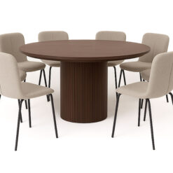 Kopparbo Rundt Spisebord 180 cm med 8 Katy Spisestole - Valnød / Greige Bouclé / Metalben Sort