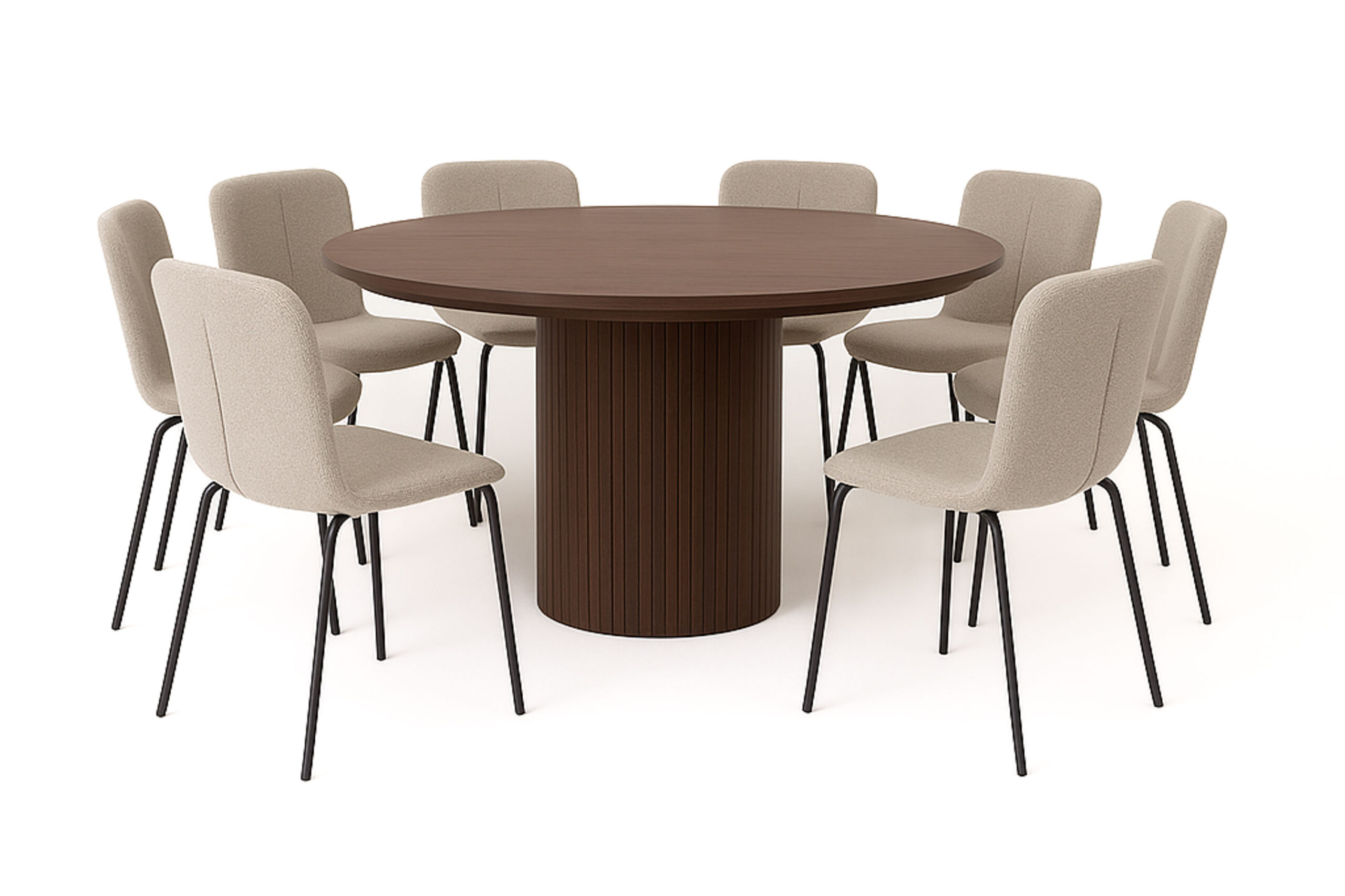 Kopparbo Rundt Spisebord 180 cm med 8 Katy Spisestole - Valnød / Greige Bouclé / Metalben Sort