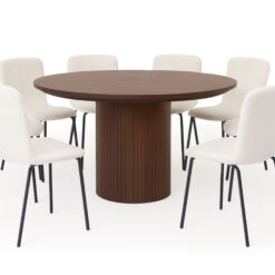 Kopparbo Rundt Spisebord 180 cm med 8 Katy Spisestole - Valnød / Hvid Bouclé / Metalben Sort