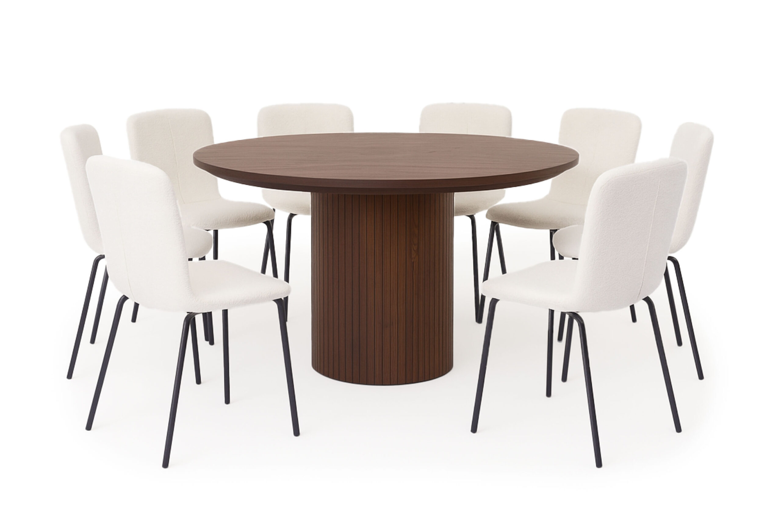 Kopparbo Rundt Spisebord 180 cm med 8 Katy Spisestole - Valnød / Hvid Bouclé / Metalben Sort