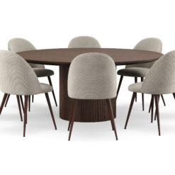 Kopparbo Rundt Spisebord 180 cm med 8 Nibe Plus Spisestole - Valnød / Greige Bouclé / Metalben Valnød