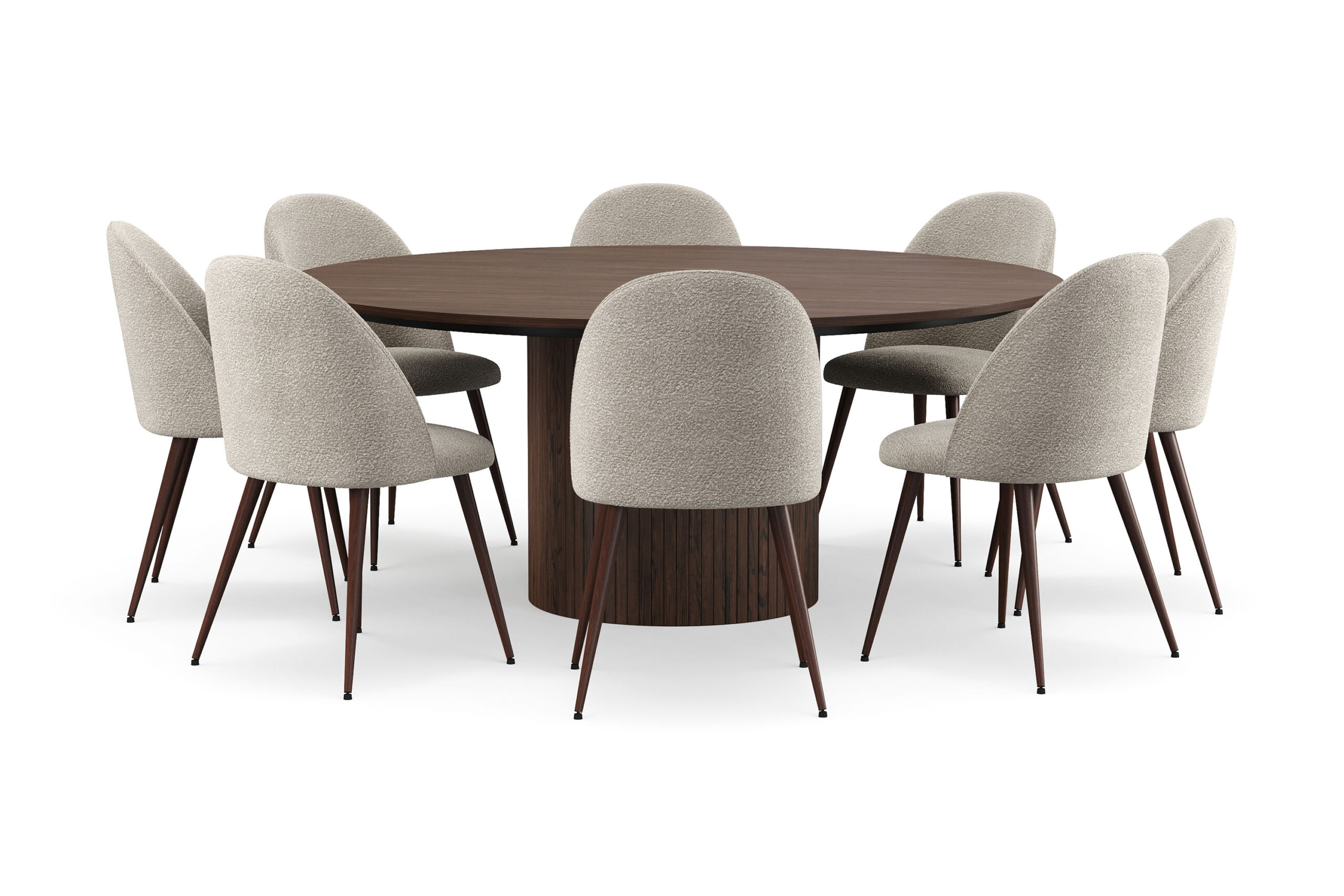 Kopparbo Rundt Spisebord 180 cm med 8 Nibe Plus Spisestole - Valnød / Greige Bouclé / Metalben Valnød