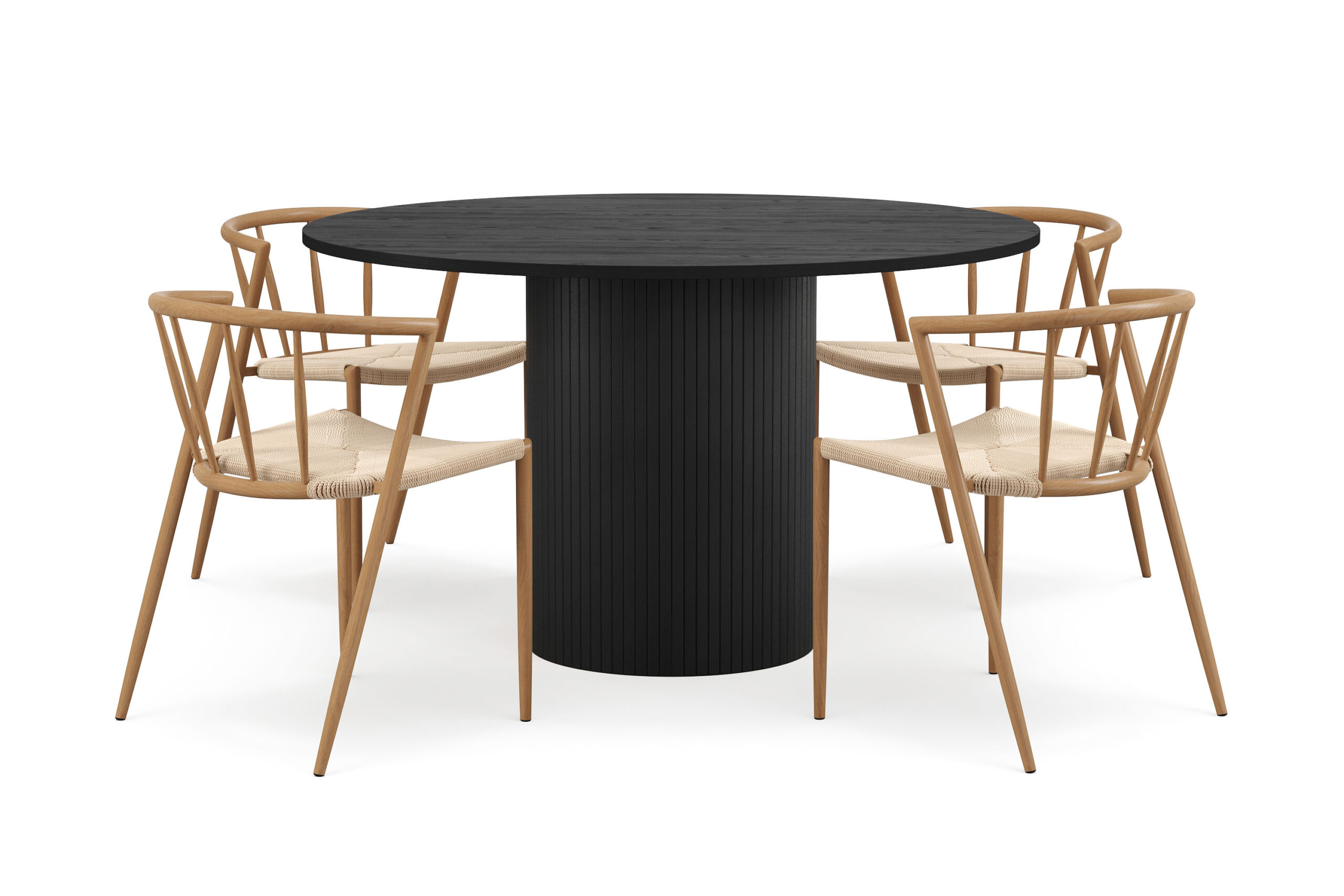 Kopparbo Rundt Spisebord 130 cm med 4 Winston Spisestole - Sort træ / Beige / Metalben Eg