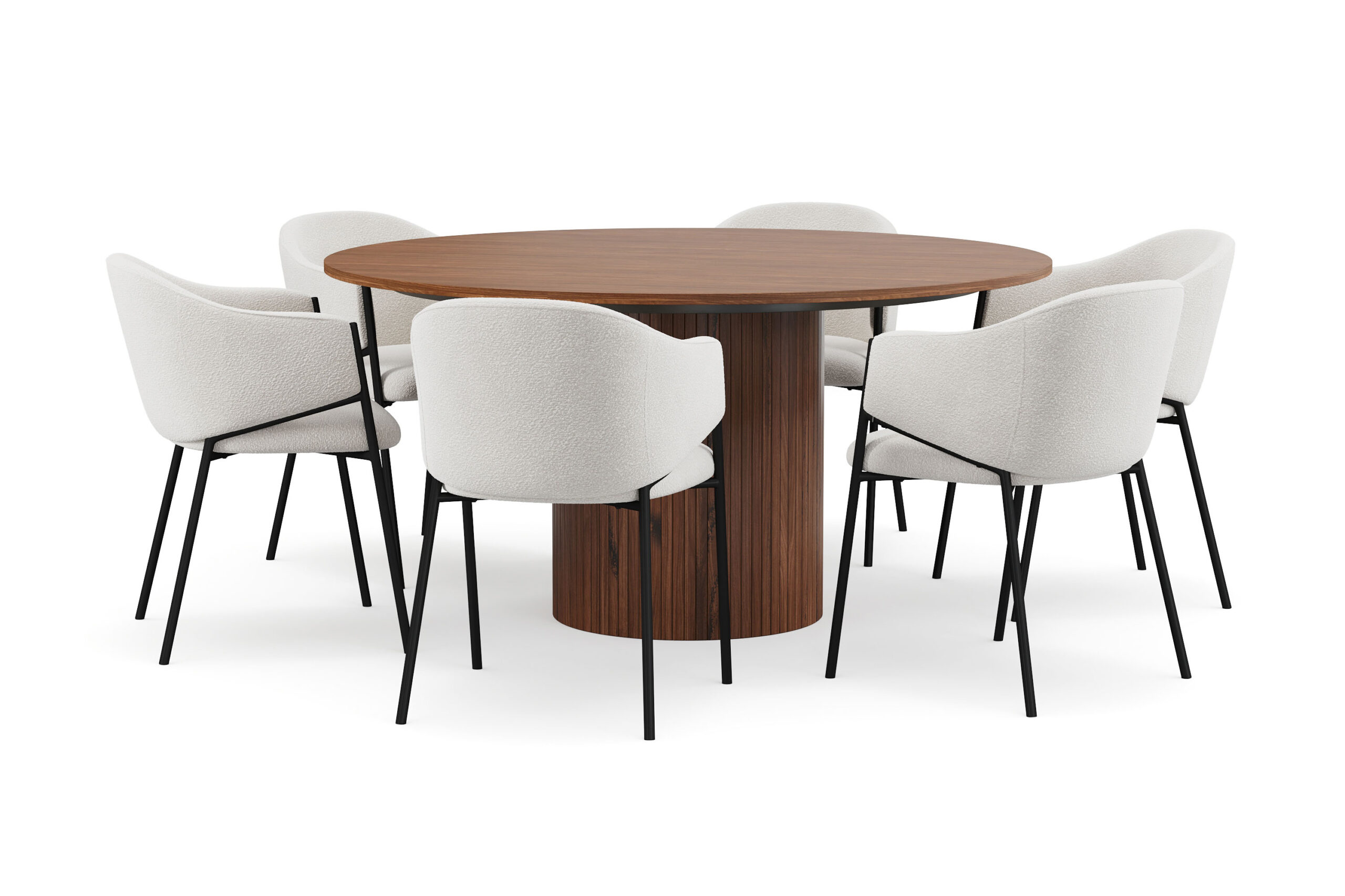 Kopparbo Rundt Spisebord 150 cm med 6 Filip Spisestole - Valnød / Hvid Bouclé