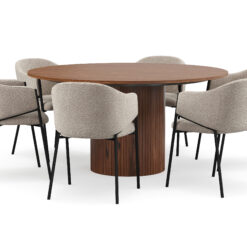 Kopparbo Rundt Spisebord 150 cm med 6 Filip Spisestole - Valnød / Taupe Bouclé
