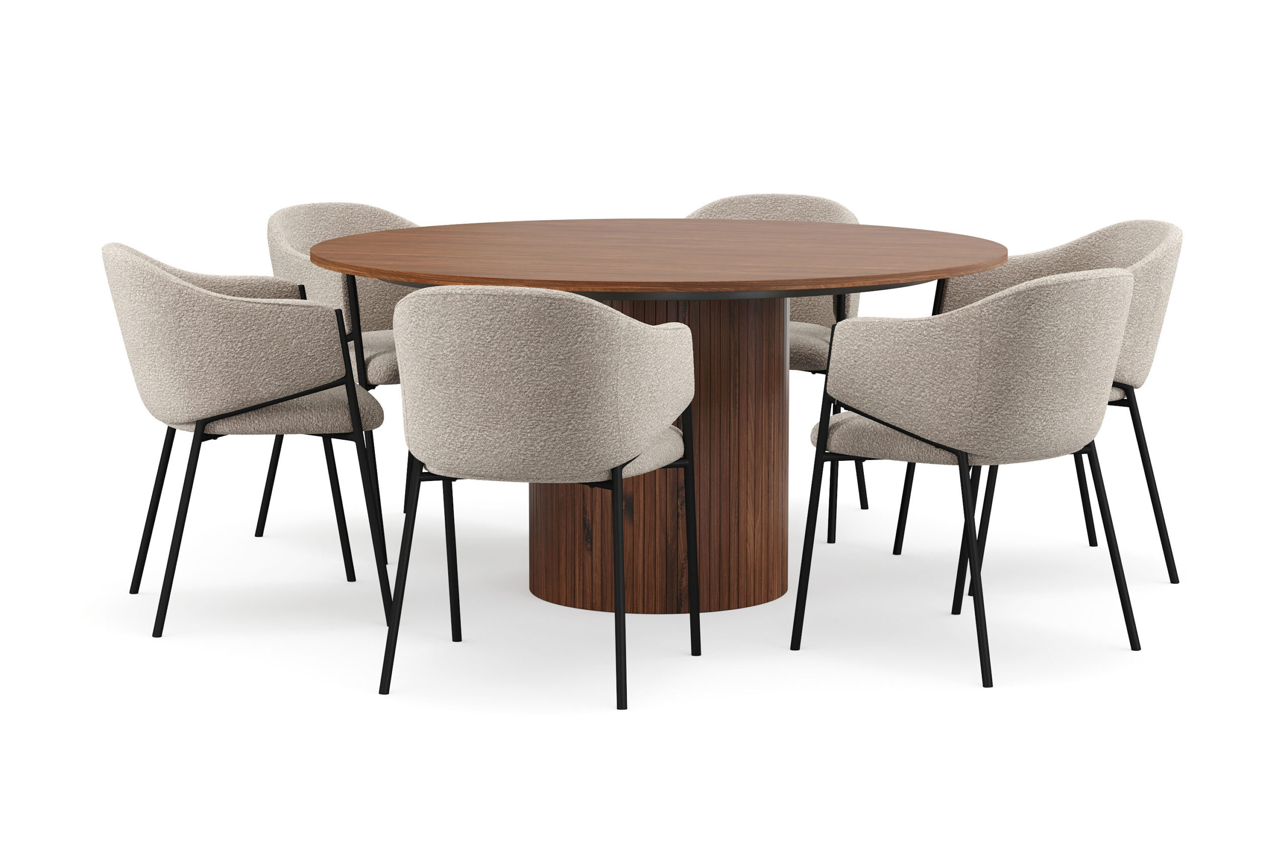 Kopparbo Rundt Spisebord 150 cm med 6 Filip Spisestole - Valnød / Taupe Bouclé