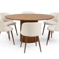 Kopparbo Rundt Spisebord 150 cm med 6 Greya Spisestole med armlæn - Valnød / Hvid Bouclé / Metalben Valnød