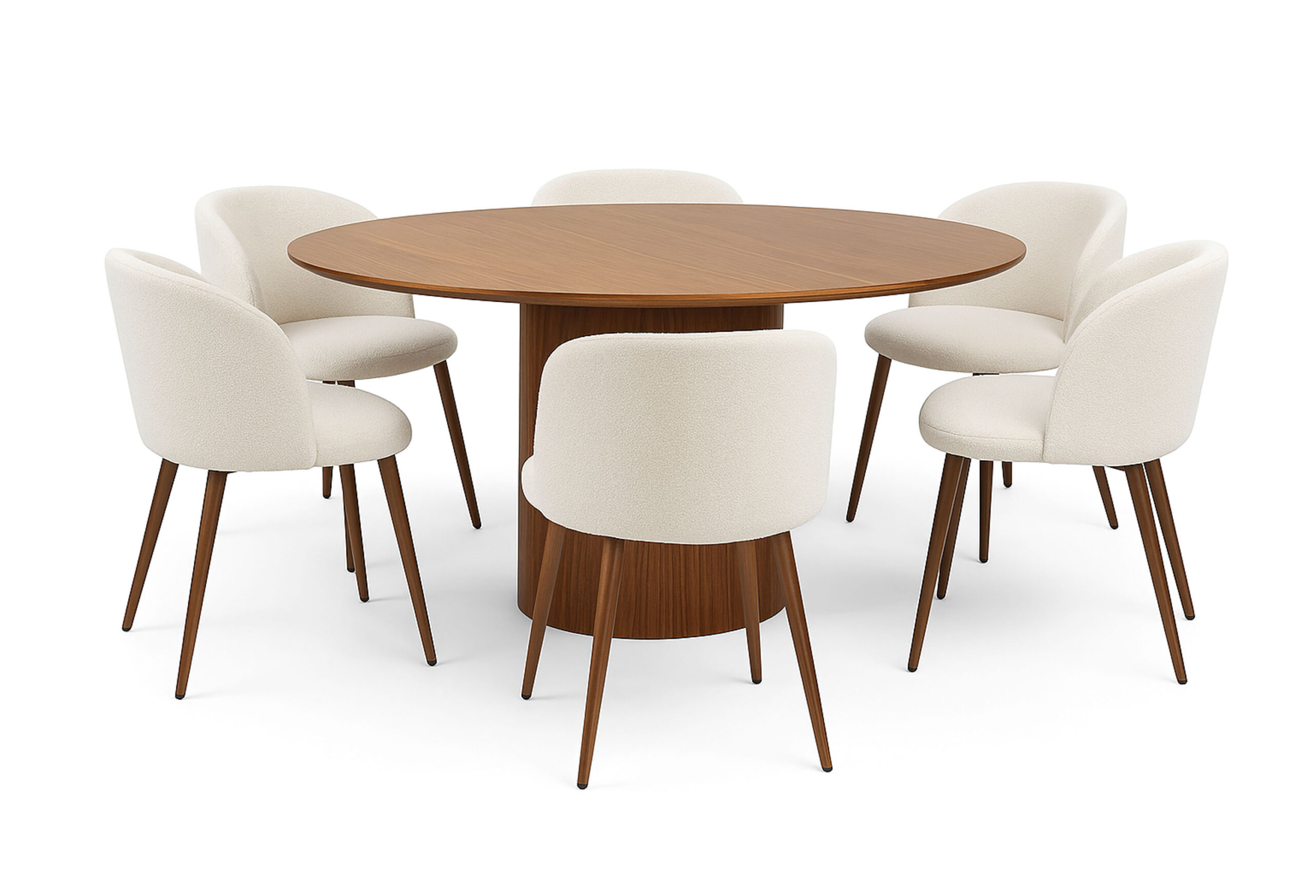 Kopparbo Rundt Spisebord 150 cm med 6 Greya Spisestole med armlæn - Valnød / Hvid Bouclé / Metalben Valnød