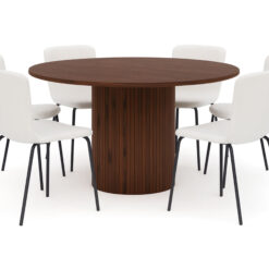 Kopparbo Rundt Spisebord 150 cm med 6 Katy Spisestole - Valnød / Hvid Bouclé / Metalben Sort