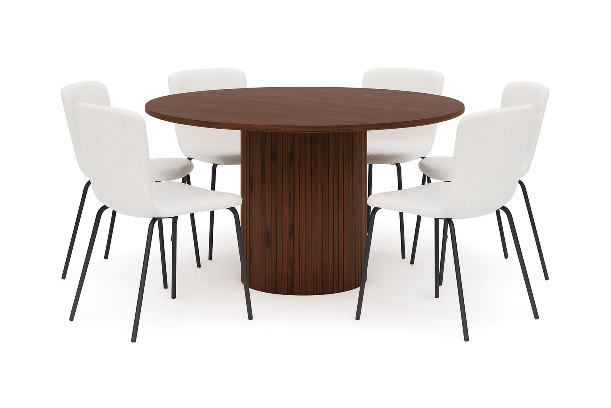 Kopparbo Rundt Spisebord 150 cm med 6 Katy Spisestole - Valnød / Hvid Bouclé / Metalben Sort