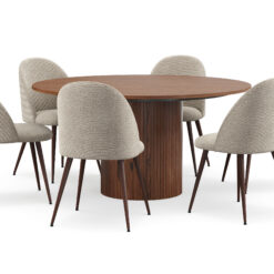 Kopparbo Rundt Spisebord 150 cm med 6 Nibe Plus Spisestole - Valnød / Greige Bouclé / Metalben Valnød