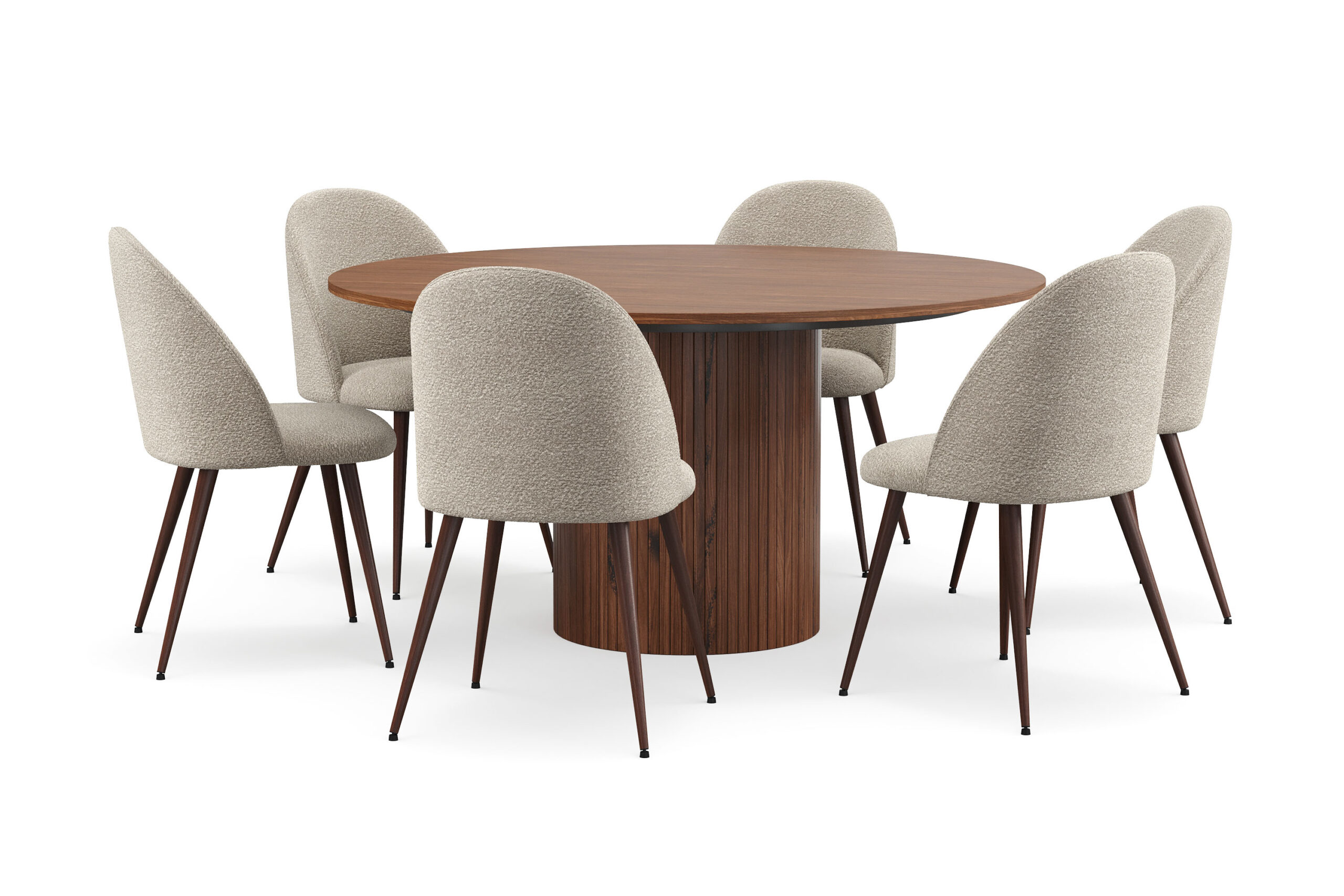 Kopparbo Rundt Spisebord 150 cm med 6 Nibe Plus Spisestole - Valnød / Greige Bouclé / Metalben Valnød