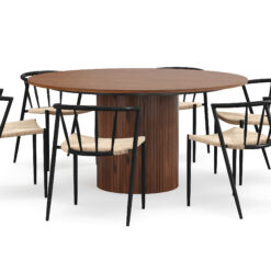 Kopparbo Rundt Spisebord 150 cm med 6 Winston Spisestole - Valnød / Beige / Metalben Sort