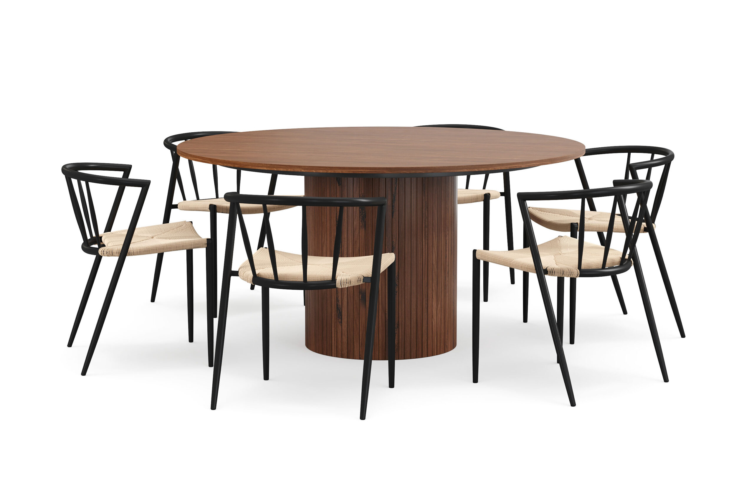 Kopparbo Rundt Spisebord 150 cm med 6 Winston Spisestole - Valnød / Beige / Metalben Sort