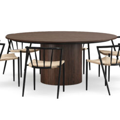 Kopparbo Rundt Spisebord 180 cm med 6 Winston Spisestole - Valnød / Beige / Metalben Sort