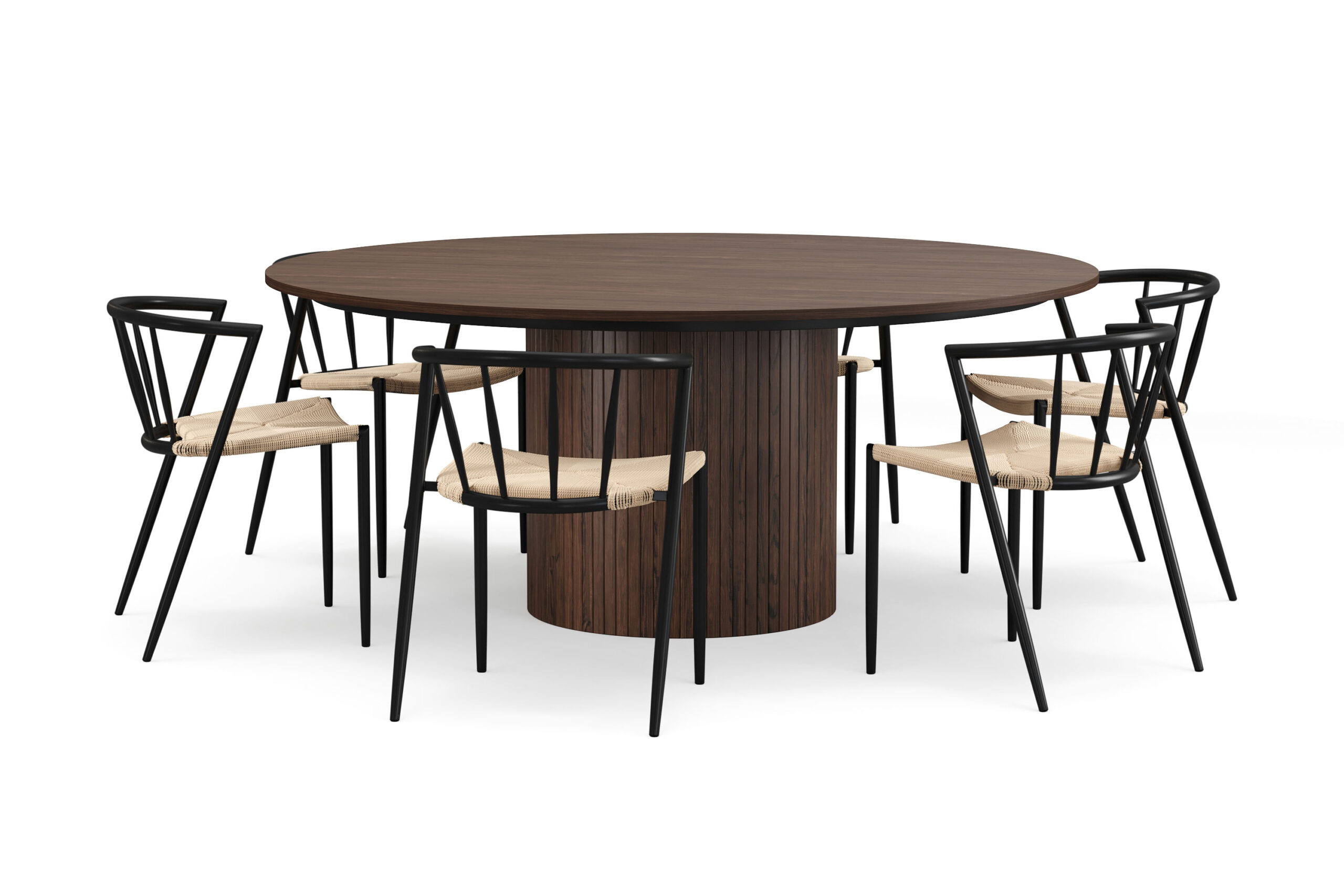 Kopparbo Rundt Spisebord 180 cm med 6 Winston Spisestole - Valnød / Beige / Metalben Sort