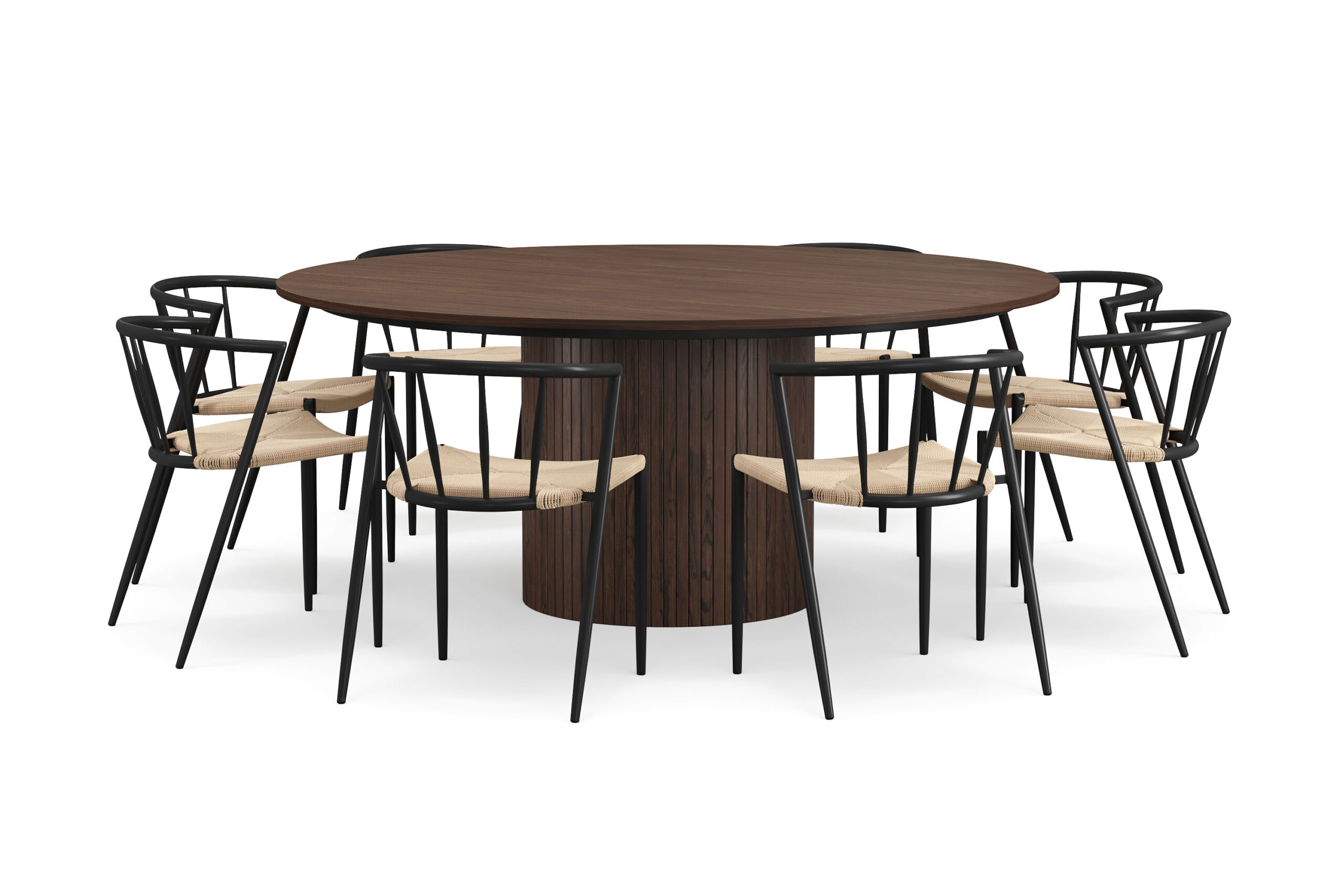 Kopparbo Rundt Spisebord 180 cm med 8 Winston Spisestole - Valnød / Beige / Metalben Sort