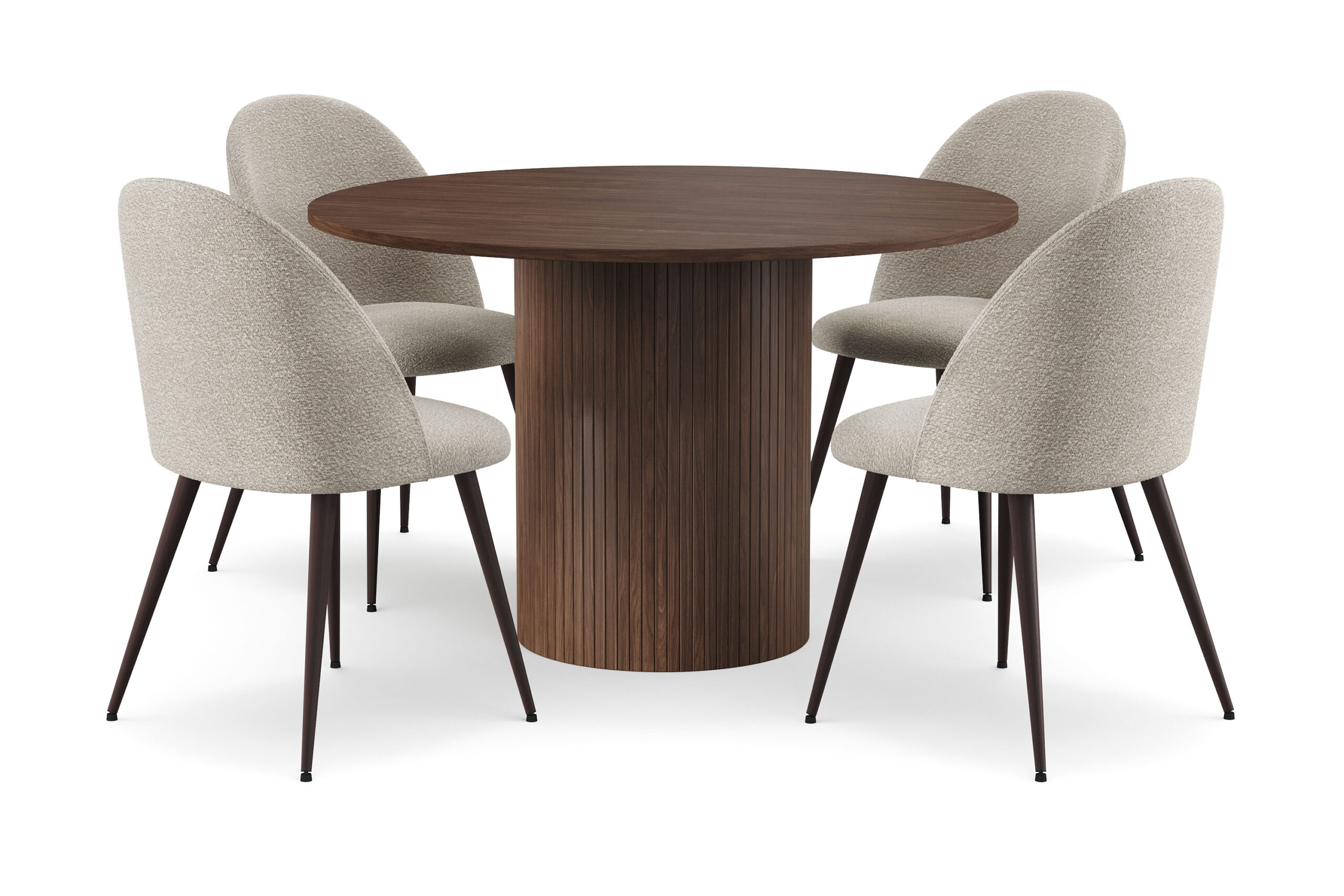 Kopparbo Rundt Spisebord 120 cm med 4 Nibe Plus Spisestole - Mørkebrun / Greige Bouclé / Metalben Valnød