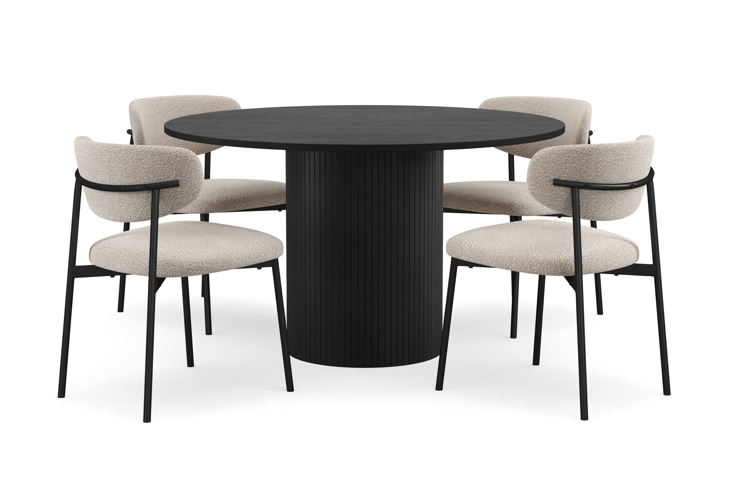 Kopparbo Rundt Spisebord 130 cm med 4 Lucy Spisestole - Sort træ / Greige Bouclé / Metalben Sort