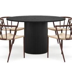 Kopparbo Rundt Spisebord 130 cm med 4 Winston Spisestole - Sort træ / Beige / Metalben Røget eg